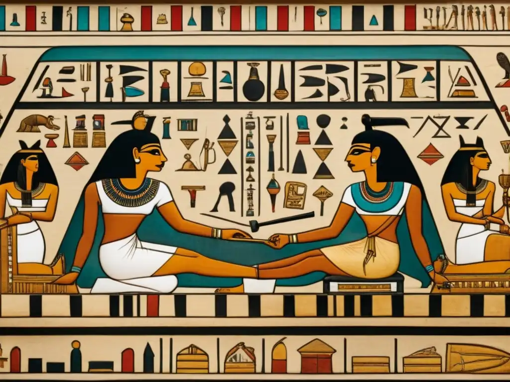 Una pintura detallada de una antigua tumba egipcia mostrando a personas jugando Senet, un popular juego de mesa en Egipto