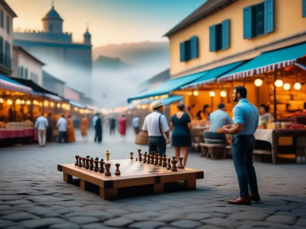 Una plaza bulliciosa llena de turistas y lugareños jugando juegos de mesa tradicionales, rodeados de coloridos puestos de mercado y comida callejera