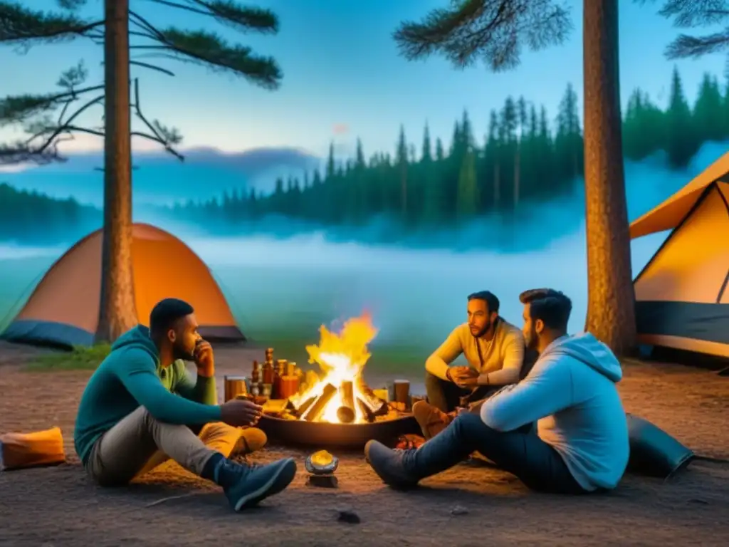 Preparativos para campamento de juegos: Grupo diverso de campistas disfrutando de juegos de mesa alrededor de la fogata en la noche del bosque