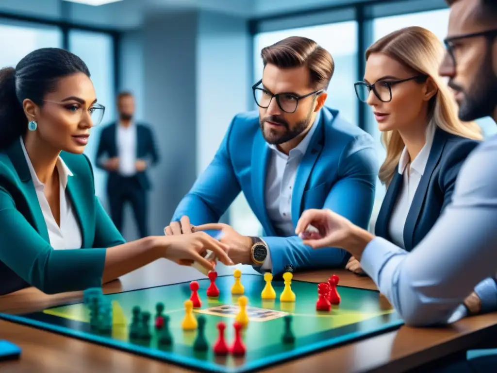 Profesionales concentrados en juego de mesa, fomentando comunicación y trabajo en equipo en la oficina