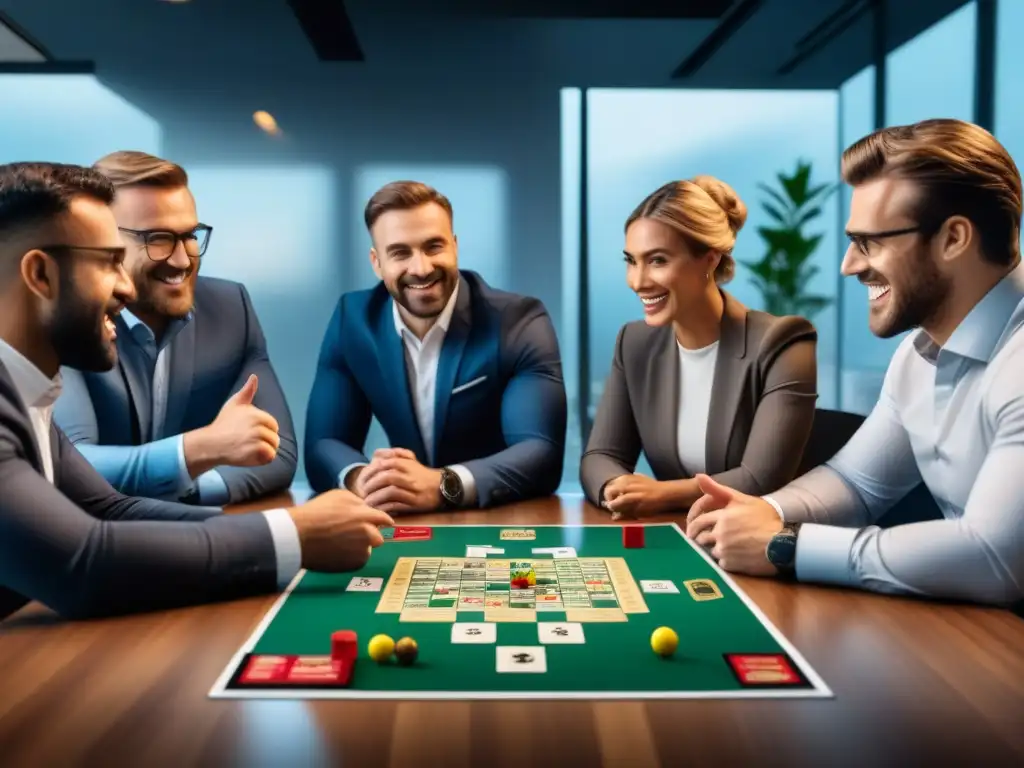 Profesionales colaboran en juego de mesa, mostrando teamwork y comunicación