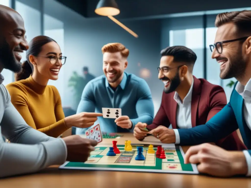 Profesionales disfrutan de juegos de mesa en dinámico ambiente de equipo y comunicación