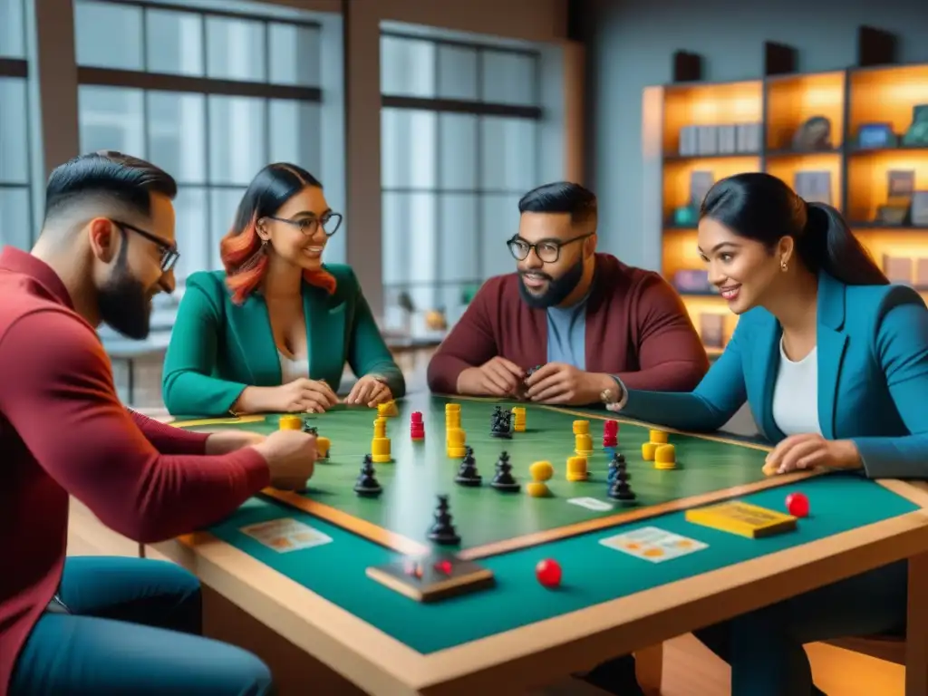 Profesionales de juegos de mesa colaborando en una animada reunión en una cafetería