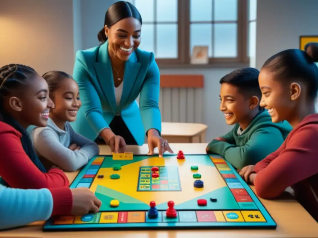 Profesor y estudiantes disfrutan de juegos de mesa inclusivos para estudiantes en un aula acogedora