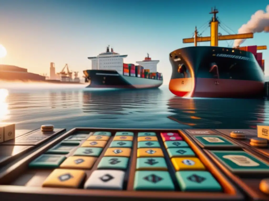 Amanecer en puerto bullicioso: barcos cargados con juegos de mesa coloridos, trabajadores inspeccionando envíos con emoción