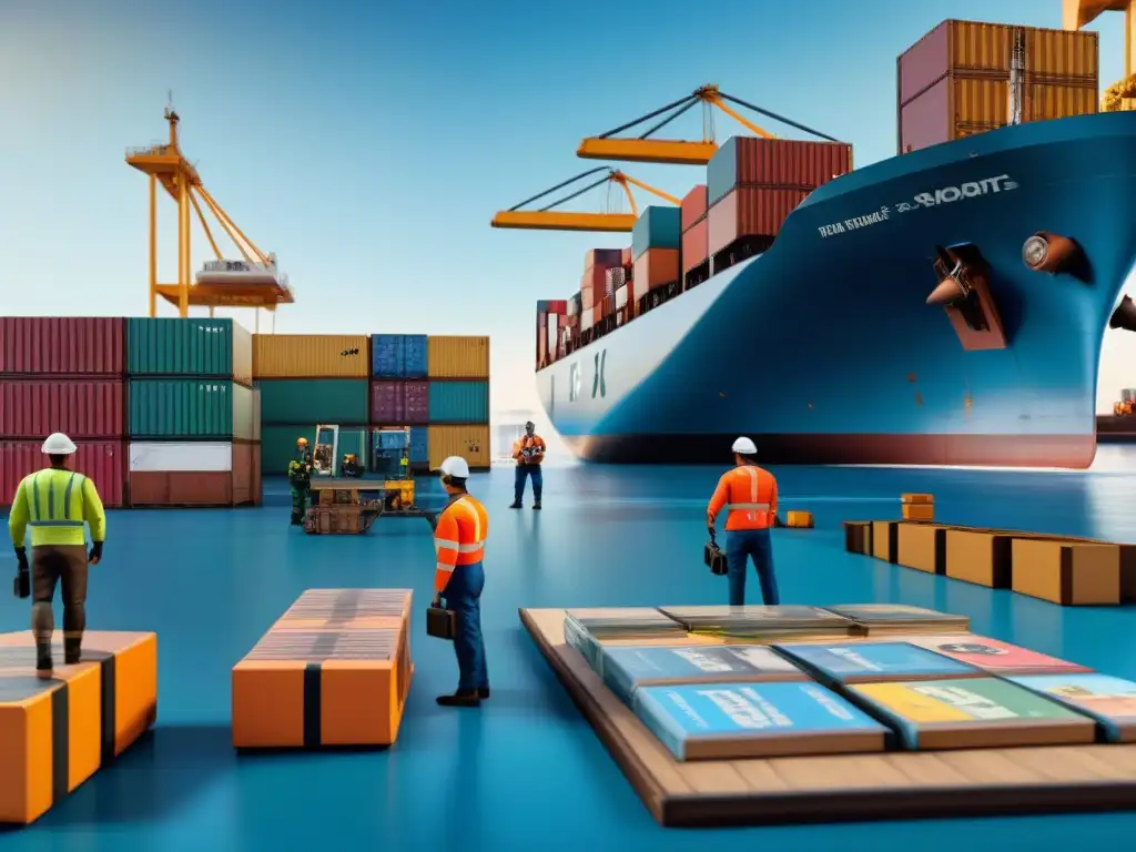 Importación global de juegos de mesa en Kickstarter Un puerto bullicioso lleno de juegos de mesa y accesorios, con grúas, contenedores y trabajadores