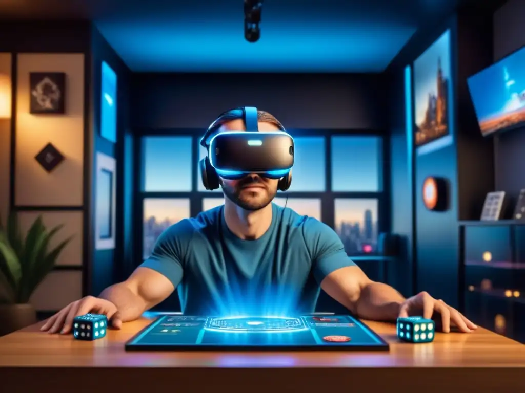 Realidad virtual en juegos de mesa: Futurista visión de un headset y piezas de juego digitales vibrantes en un ambiente inmersivo