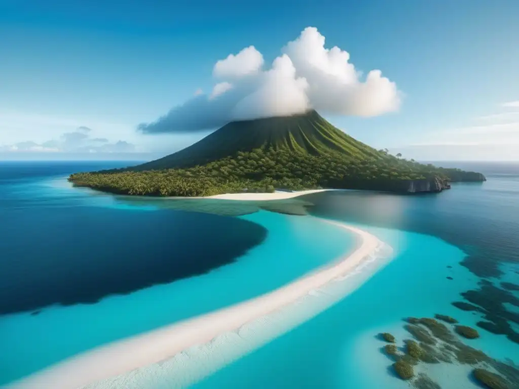 Un remoto paraíso tropical con frondosa vegetación, aguas turquesas y un volcán activo