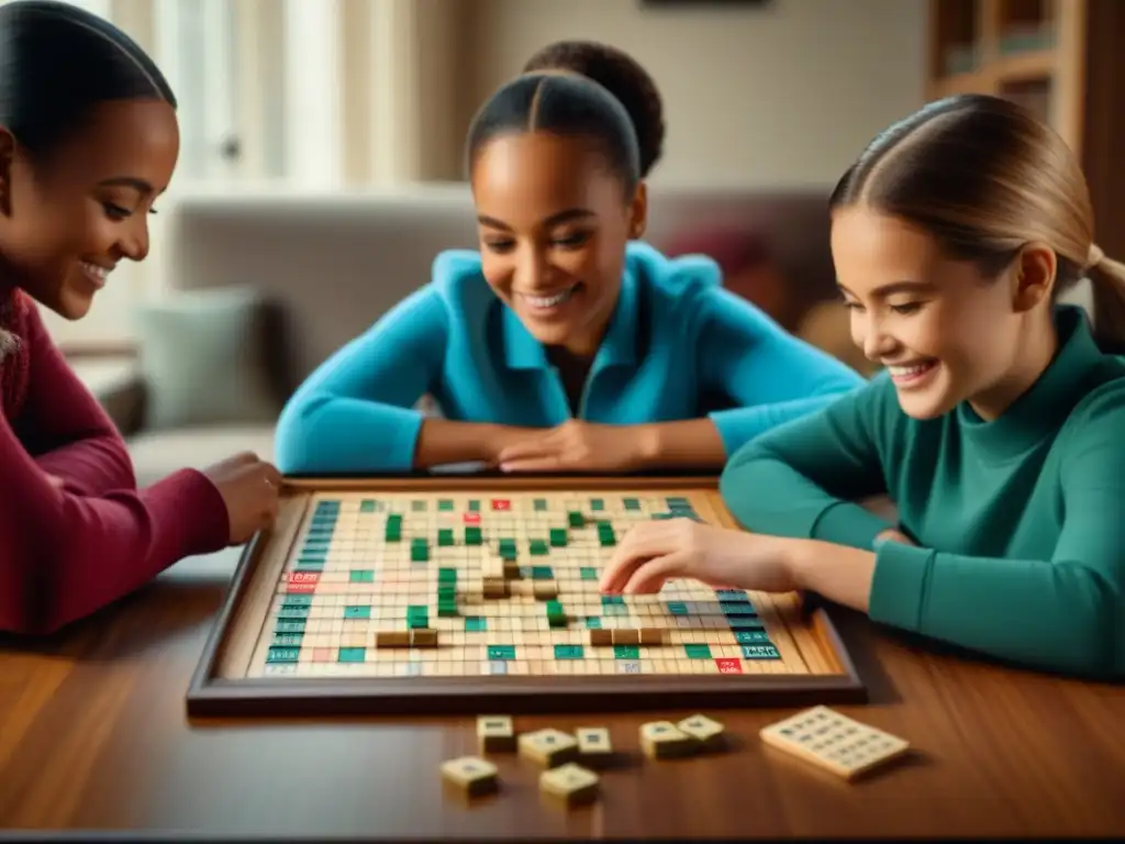 Reseña Scrabble Junior para familias: Grupo familiar sonriente jugando Scrabble en hogar acogedor