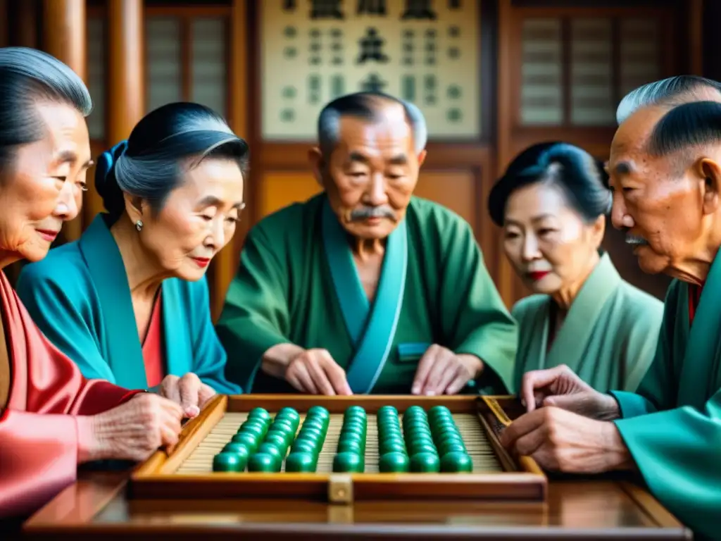 Partida de Mahjong: tradición y camaradería en teahouse Retrato de ancianos chinos concentrados en una partida de Mahjong en un teahouse tradicional