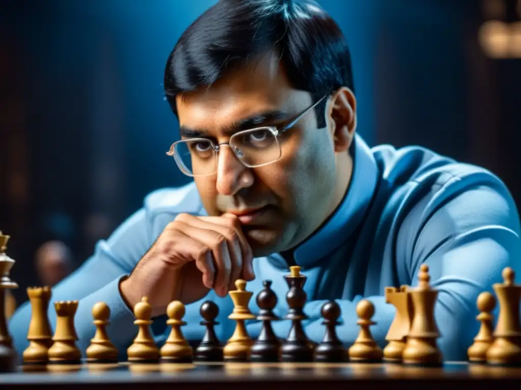 Retrato intenso de Viswanathan Anand, gran maestro de ajedrez, inmerso en estrategias en un tablero borroso