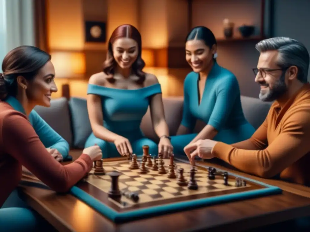 Una reunión de amigos de diversas edades y orígenes disfrutando de un juego de mesa en una acogedora sala llena de juegos