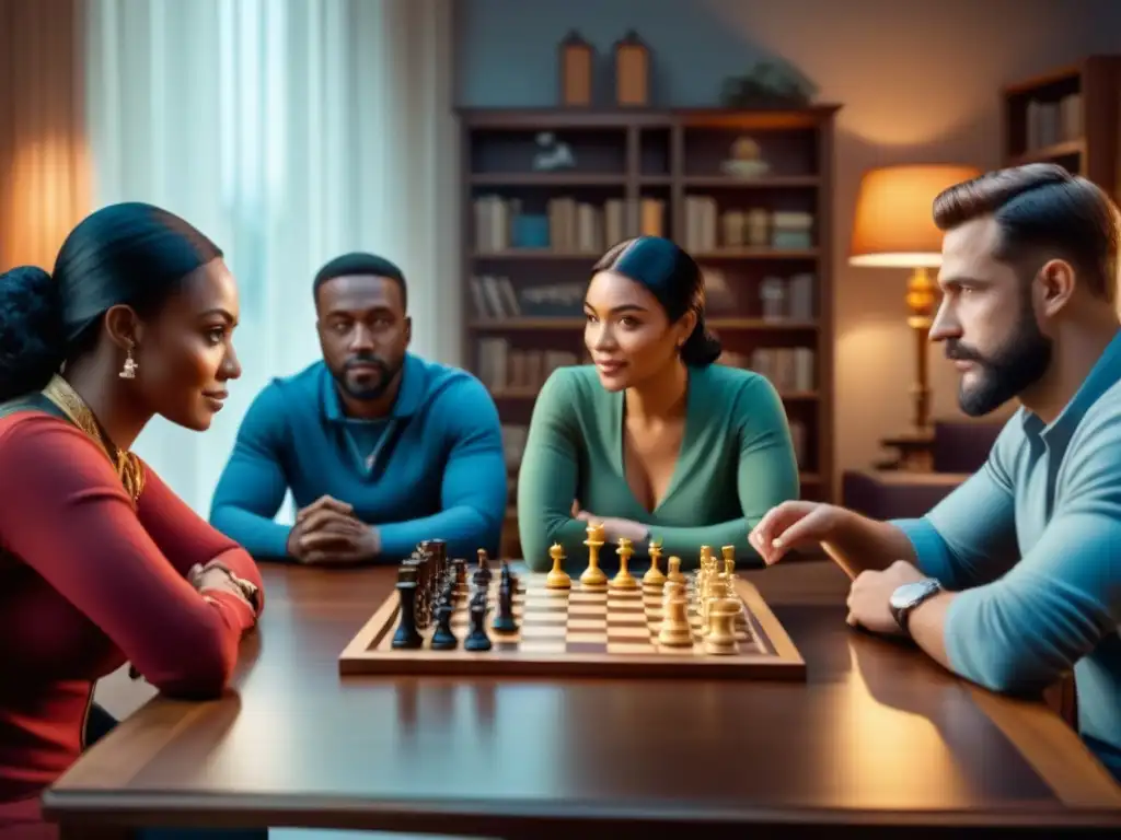 Una reunión de amigos disfrutando de juegos de mesa en un ambiente acogedor y lleno de diversión