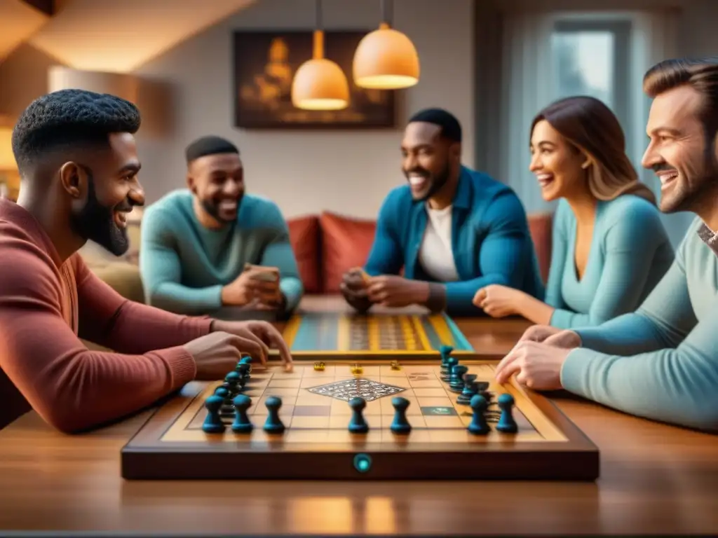 Una reunión animada de amigos jugando un juego de mesa en una sala acogedora