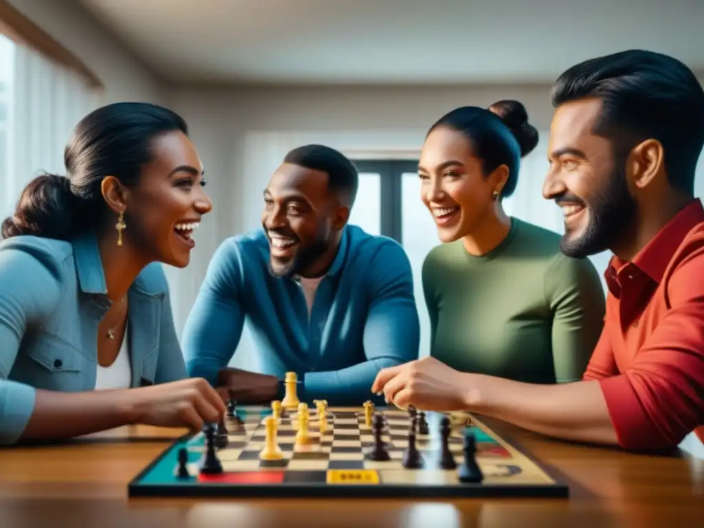 Juego comunitario: diversión y sostenibilidad en mesa de juegos usados Una reunión animada alrededor de juegos de mesa usados reutilizados, mostrando diversidad y diversión