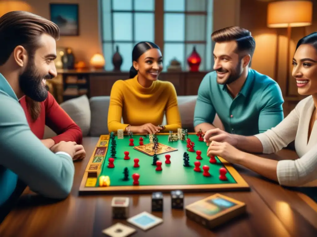 Una reunión animada en torno a juegos de mesa, reflejando diversión y camaradería