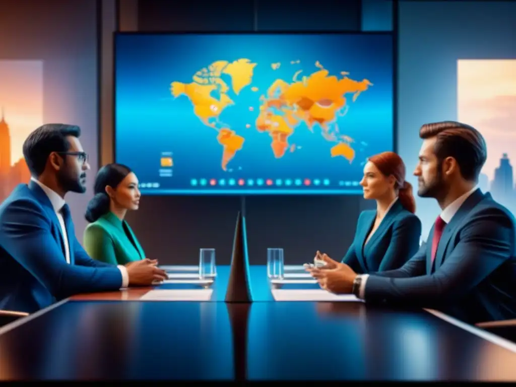 Reunión de diversidad en trajes de negocios discutiendo en una sala llena de tecnología, con un líder señalando un mapa mundial en la pared