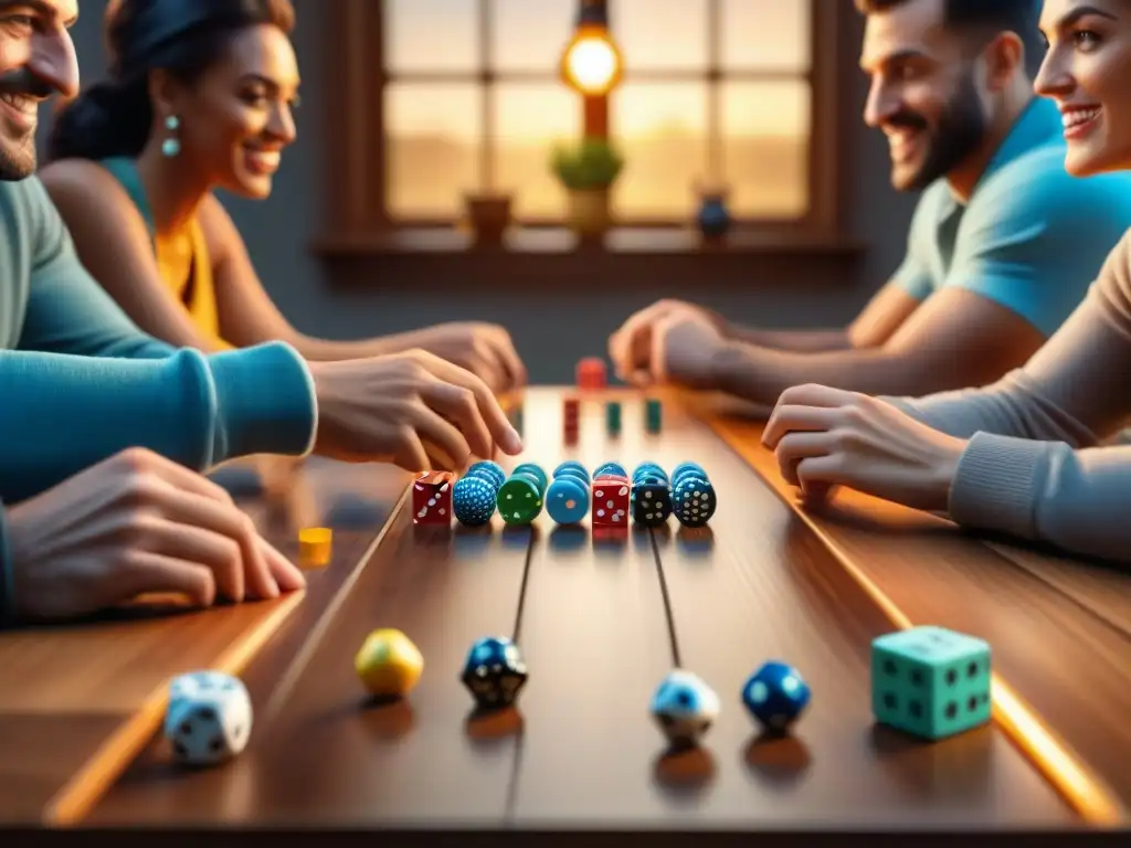 Una reunión cálida y vibrante de personas disfrutando de juegos de mesa, resaltando los beneficios de salud mental