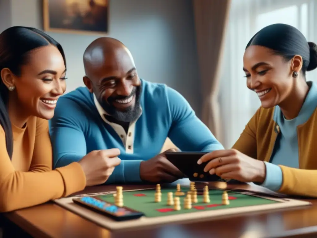 Reuniones familiares con juegos de mesa en apps, unidos y felices en acogedora sala iluminada