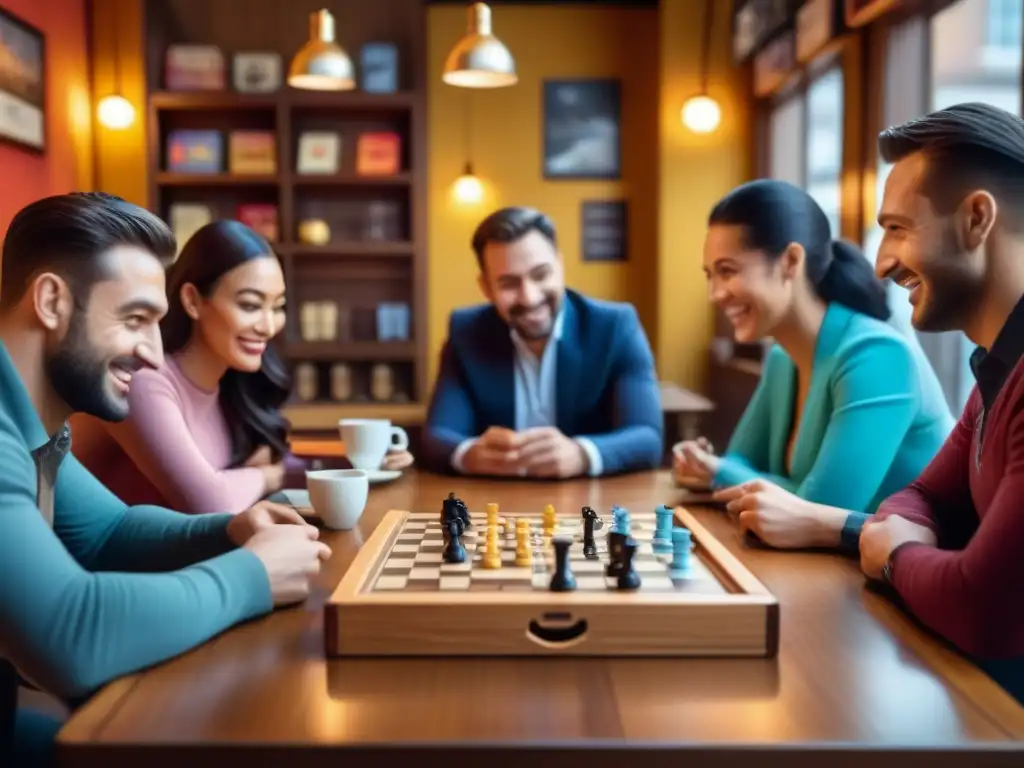 Un rincón acogedor en un café donde clientes diversos disfrutan de juegos de mesa