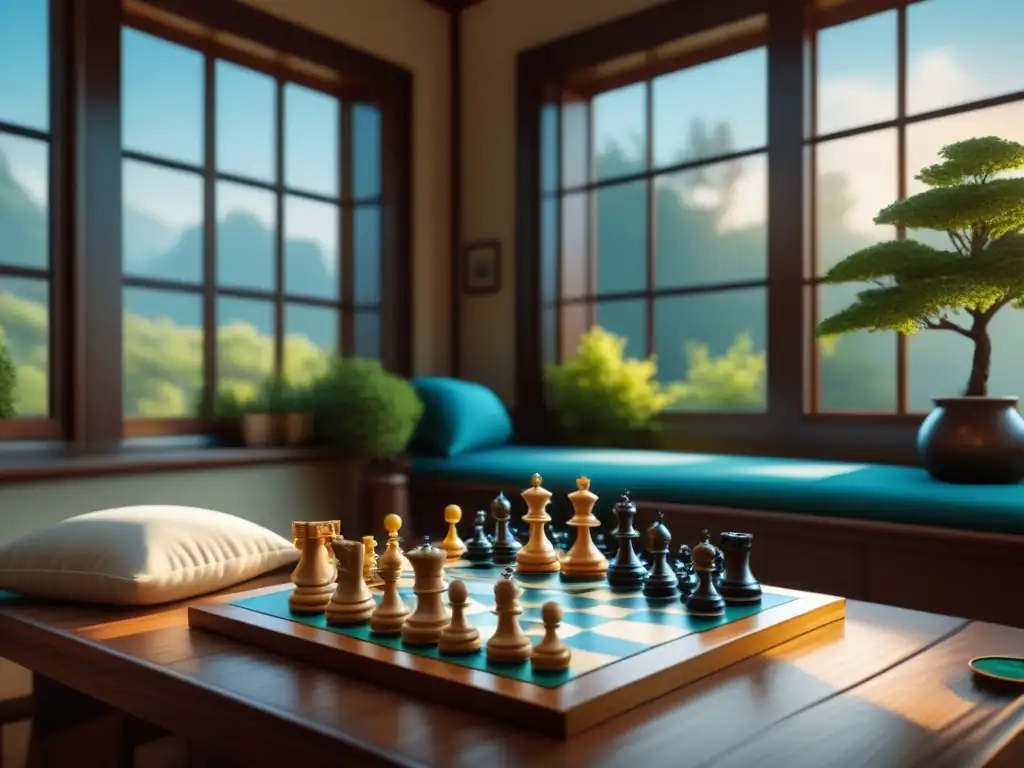 Un rincón acogedor con juegos de mesa estrés como ajedrez y Scrabble en una mesa de madera iluminada por luz natural