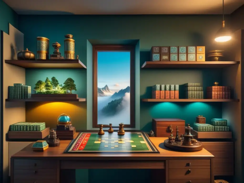 Salón de coleccionista: ediciones exclusivas de juegos de mesa Una sala de coleccionista llena de ediciones exclusivas de juegos de mesa agotadas, iluminada cálidamente, exhibe pasión por lo exclusivo