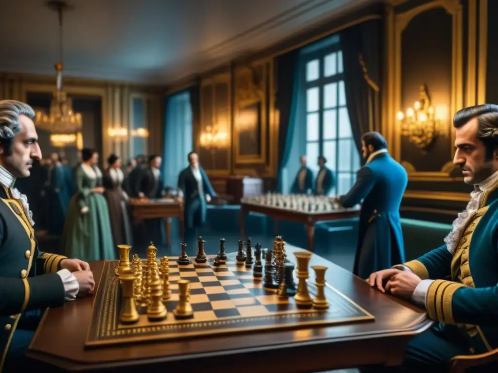 Un salón parisino bullicioso durante la Revolución Francesa, con intensas competencias de juegos de mesa