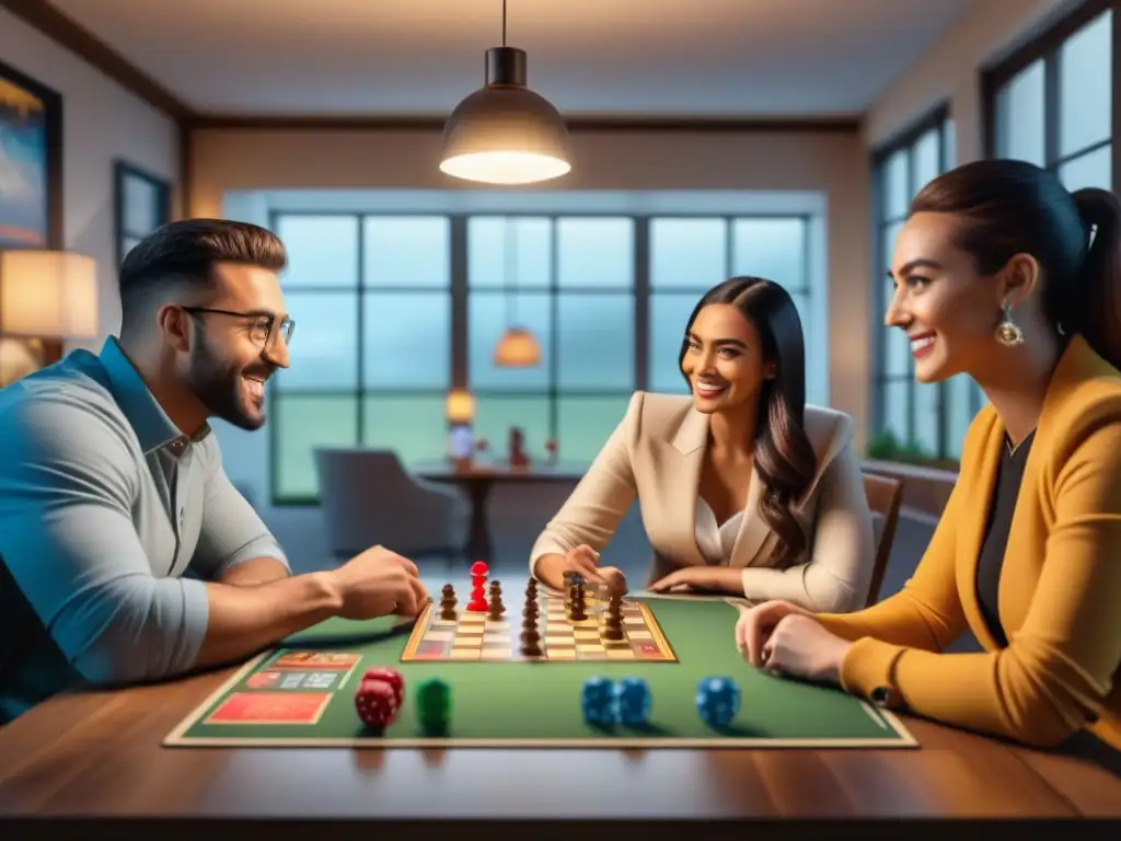 Conversaciones apasionadas en sala de juegos de mesa Una selección de influencers de juego de mesa auténticos disfrutando apasionadamente de diversos juegos de mesa en una acogedora sala iluminada