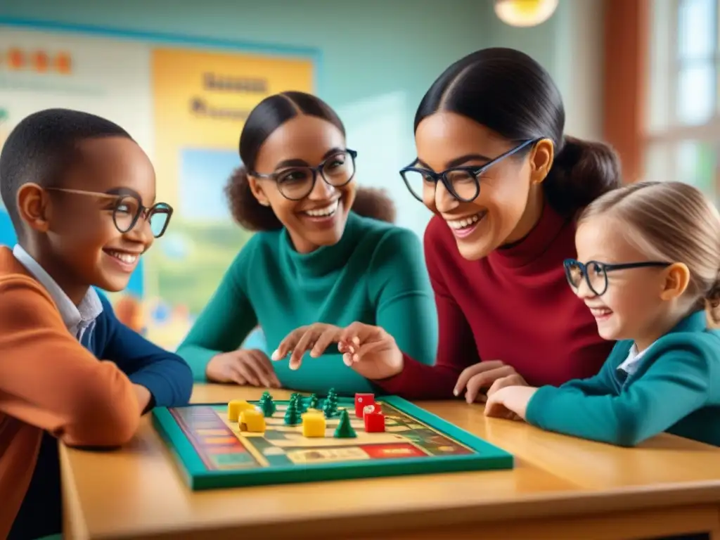 Una sesión de juegos de mesa inclusivos para niños en un aula iluminada, donde un grupo diverso de niños participa con alegría y cooperación