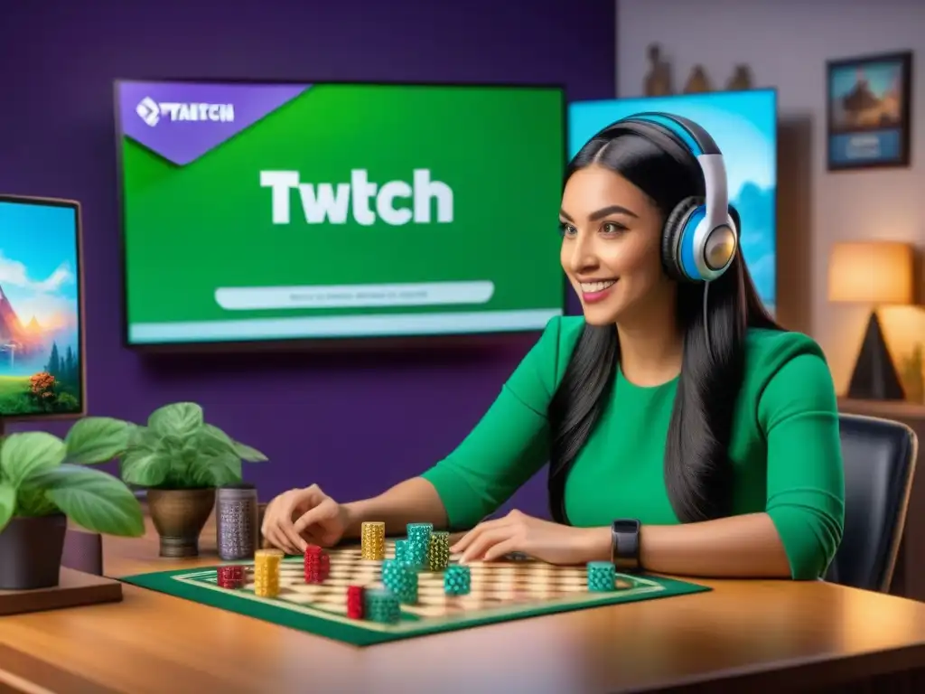 Una streamer de Twitch hispana entusiasmada en un set de juegos vibrante, fusionando pasión por juegos de mesa con patrocinios en Twitch