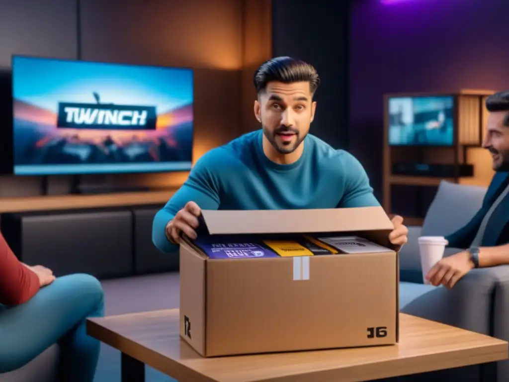 Un streamer de Twitch desempaca un producto en directo ante una audiencia cautivada, demostrando la estrategia de marketing del unboxing en Twitch