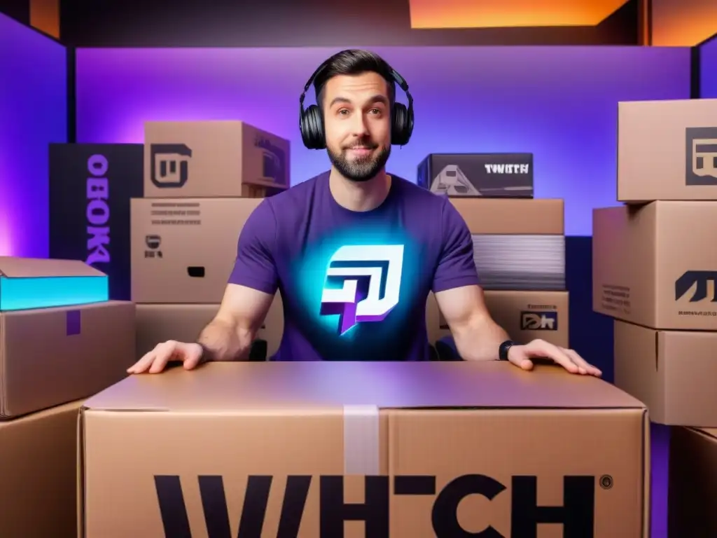 Un streamer de Twitch rodeado de cajas de marcas, ansioso por abrir