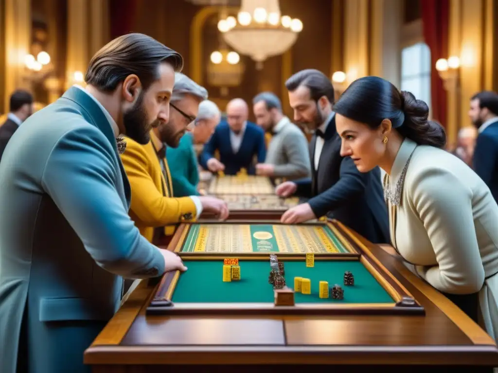 Subasta de joyas ocultas: apasionados de los juegos de mesa examinan tesoros vintage en una sala misteriosa iluminada por candelabros antiguos