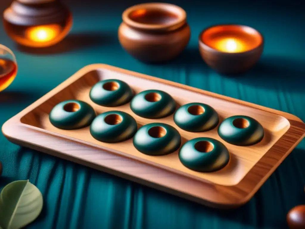 Una tabla de Mancala de madera tradicional, detalladamente tallada y pulida, con un rico trasfondo terroso iluminado naturalmente