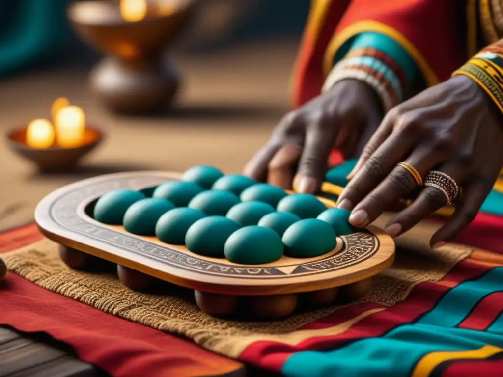 Tablero de Mancala africano tallado a mano con motivos tribales detallados y símbolos, sobre tela africana vibrante