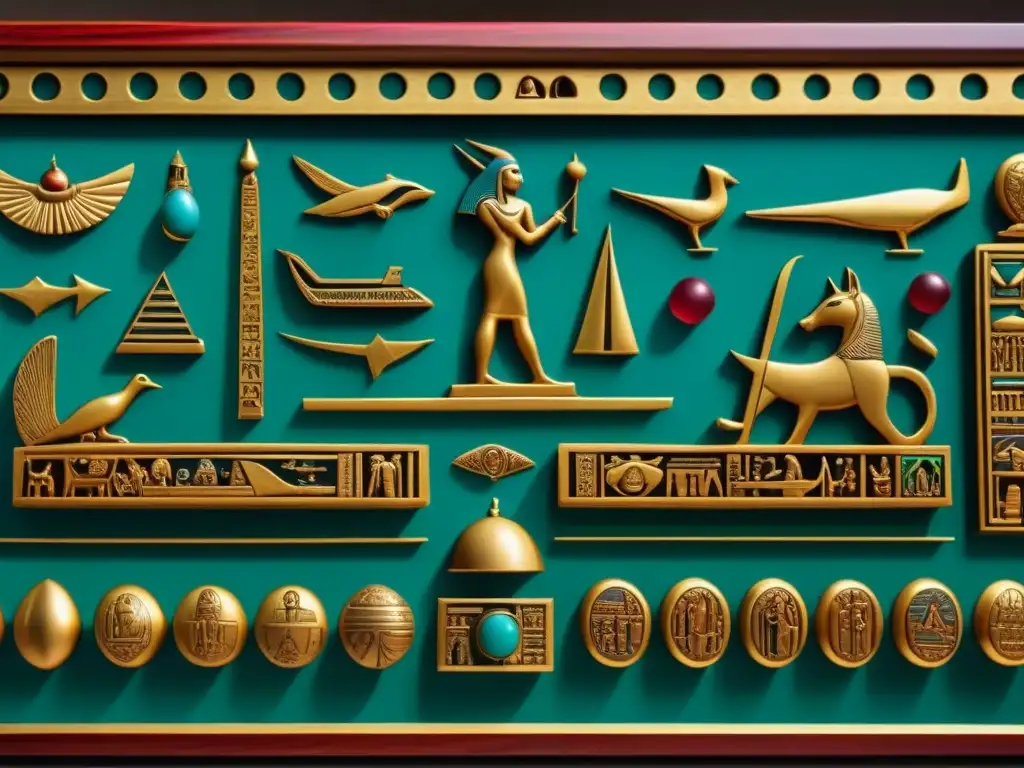 Tablero de Senet del Antiguo Egipto tallado con detalles exquisitos y símbolos, decorado con oro y piedras preciosas