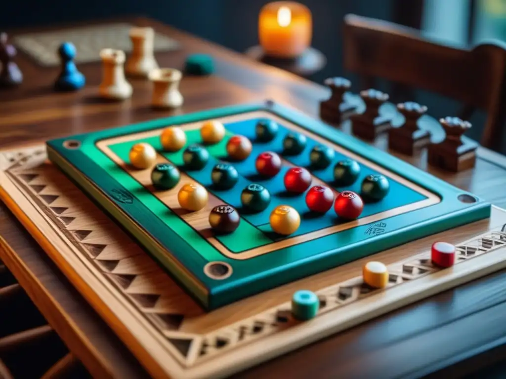 Tablero artesanal de Ludo con colores vibrantes y tallados detallados, reflejando el origen del juego de Ludo