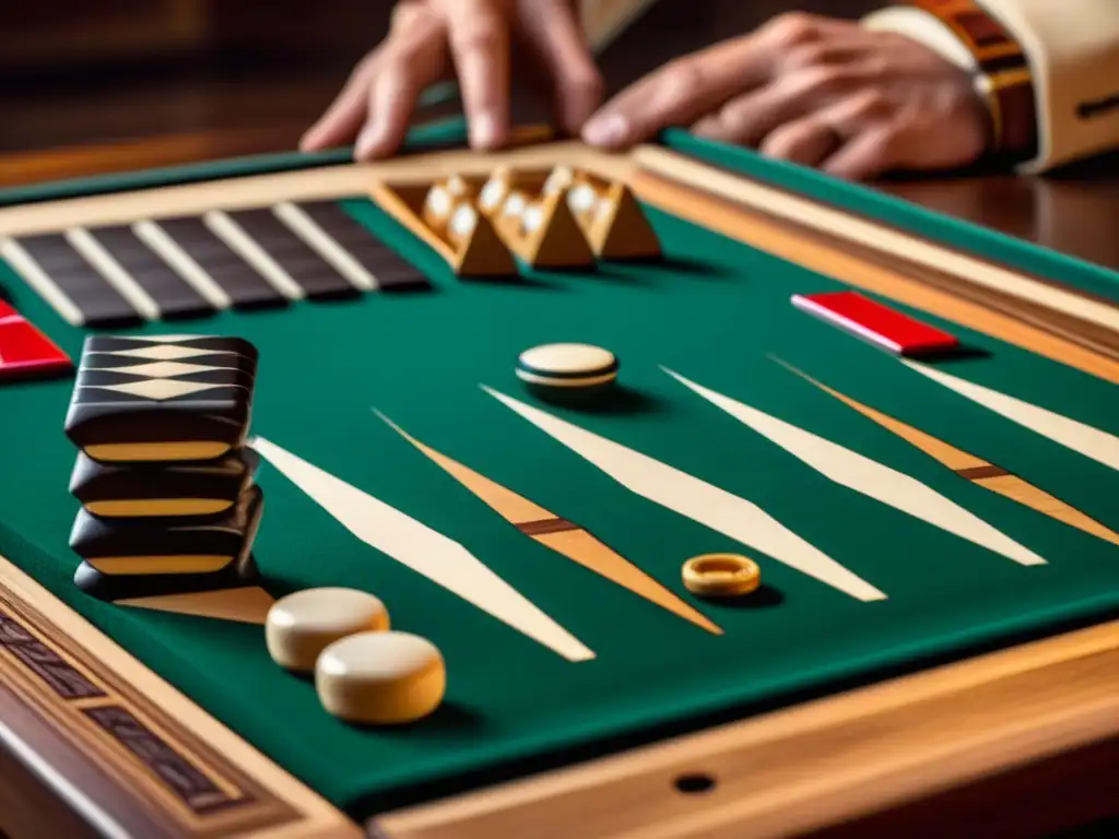 Un tablero de backgammon desgastado y detallado, con piezas estratégicamente ubicadas