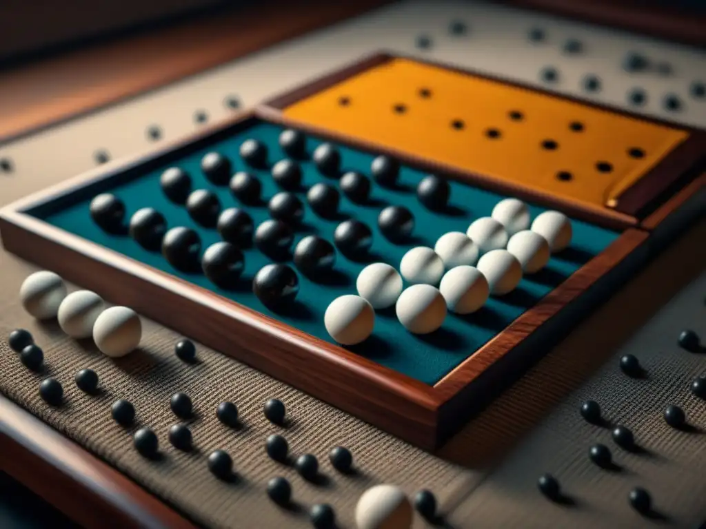 Un tablero de Go artesanal de madera oscura, con piedras blancas y negras estratégicamente colocadas