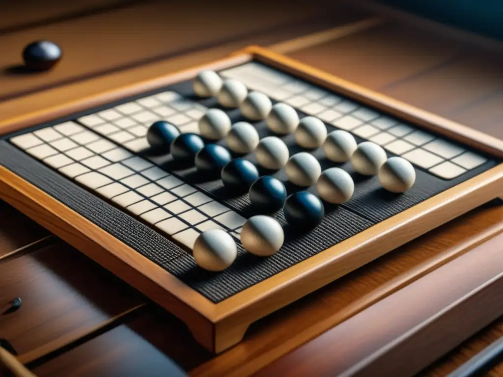 Tablero de Go japonés tradicional con piedras en blanco y negro, en un ambiente sereno