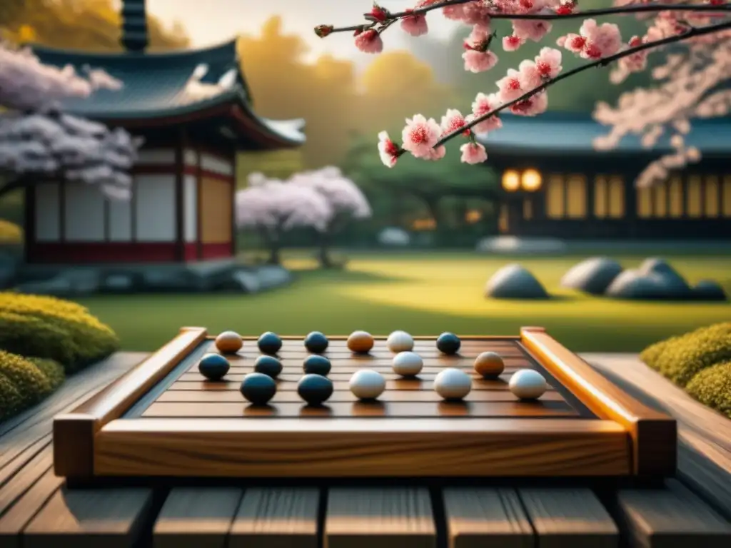 Tablero de Go tallado con piedras en jardín japonés sereno, evocando la historia del juego de Go