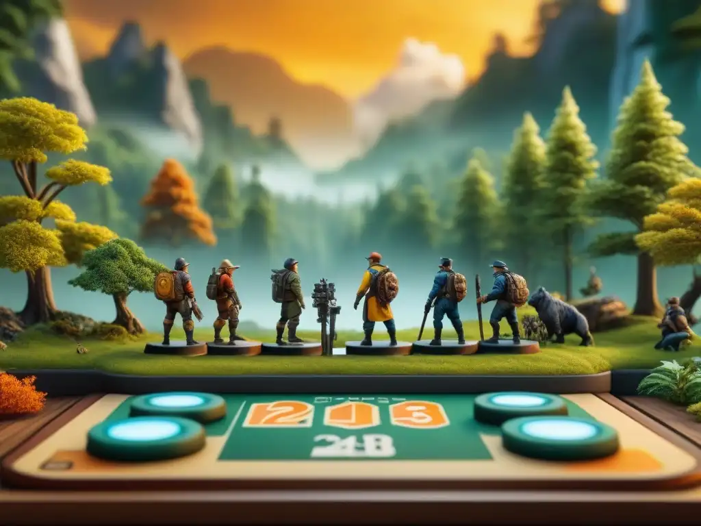 Tablero de juego de mesa detallado con evolución de personajes en vibrante bosque