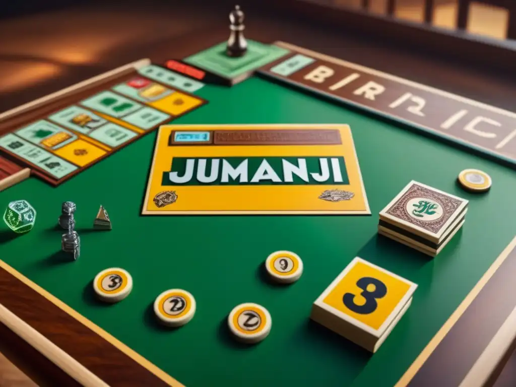 Un tablero de juegos de madera vintage detallado, con grabados y ilustraciones vibrantes de 'Jumanji', rodeado de juegos clásicos