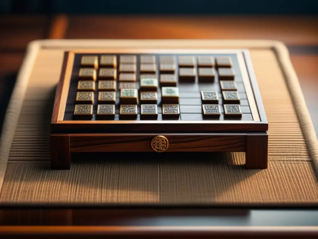 Tablero de Shogi japonés antiguo en madera oscura con piezas estratégicas