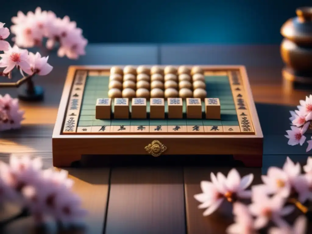 Un tablero de shogi japonés rodeado de piezas de madera con caracteres kanji, en un jardín japonés con cerezos en flor