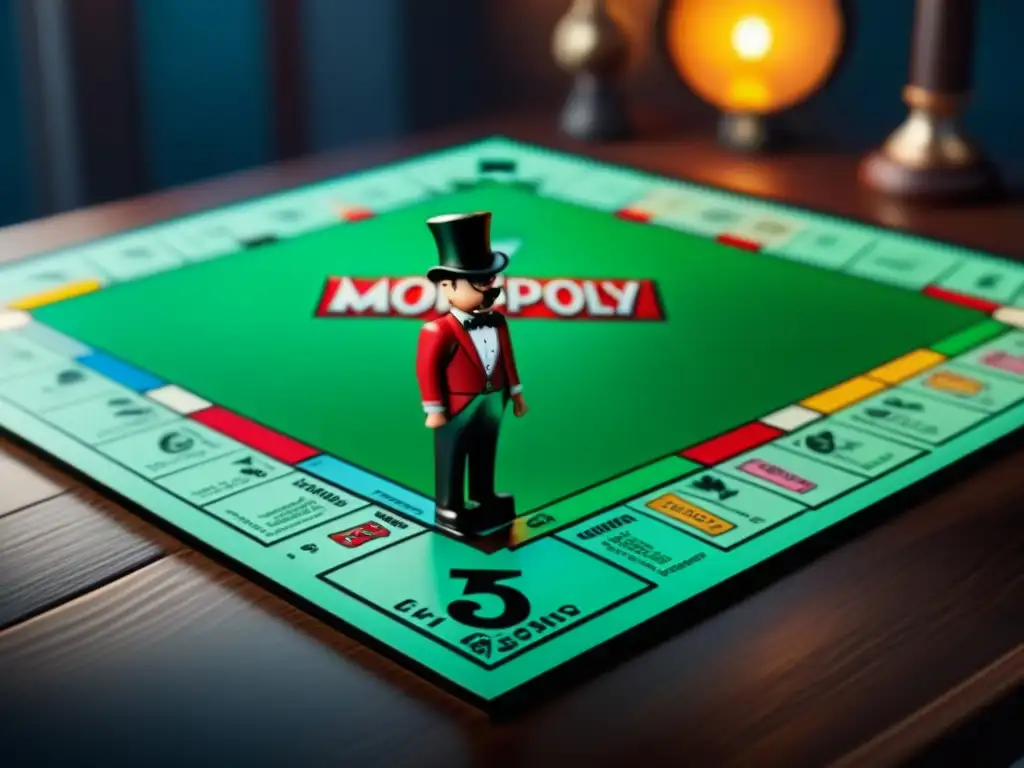 Un tablero vintage de Monopoly rodeado de piezas coloridas en una mesa de madera, evocando noches familiares de juegos