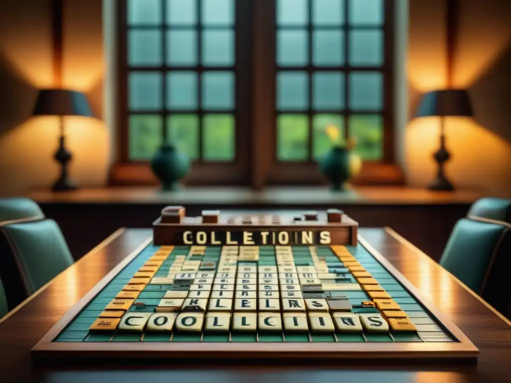 Tablero vintage Scrabble: Colecciones en madera gastada Tablero vintage de Scrabble con piezas envejecidas formando 'COLLECTIONS' en ambiente nostálgico de historias coleccionistas juegos de mesa