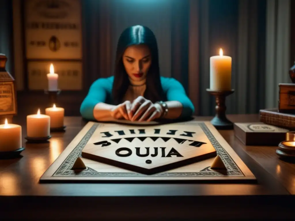 En una habitación tenebrosa, una tabla Ouija rodeada de velas titilantes y juegos de mesa terror escalofriantes