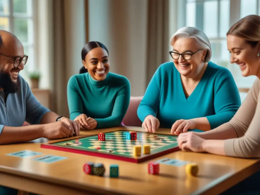 Una terapeuta guía a pacientes en juegos de mesa, creando un ambiente inclusivo y vibrante