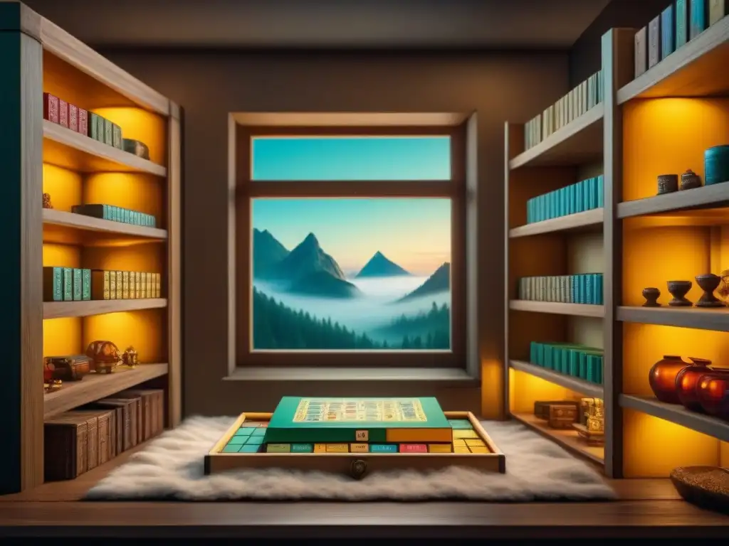 Tablero de Lost Kingdoms: Un tesoro olvidado en la penumbra Tesoro perdido: sala de juegos de mesa con juegos antiguos y polvorientos, evocando misterio y nostalgia